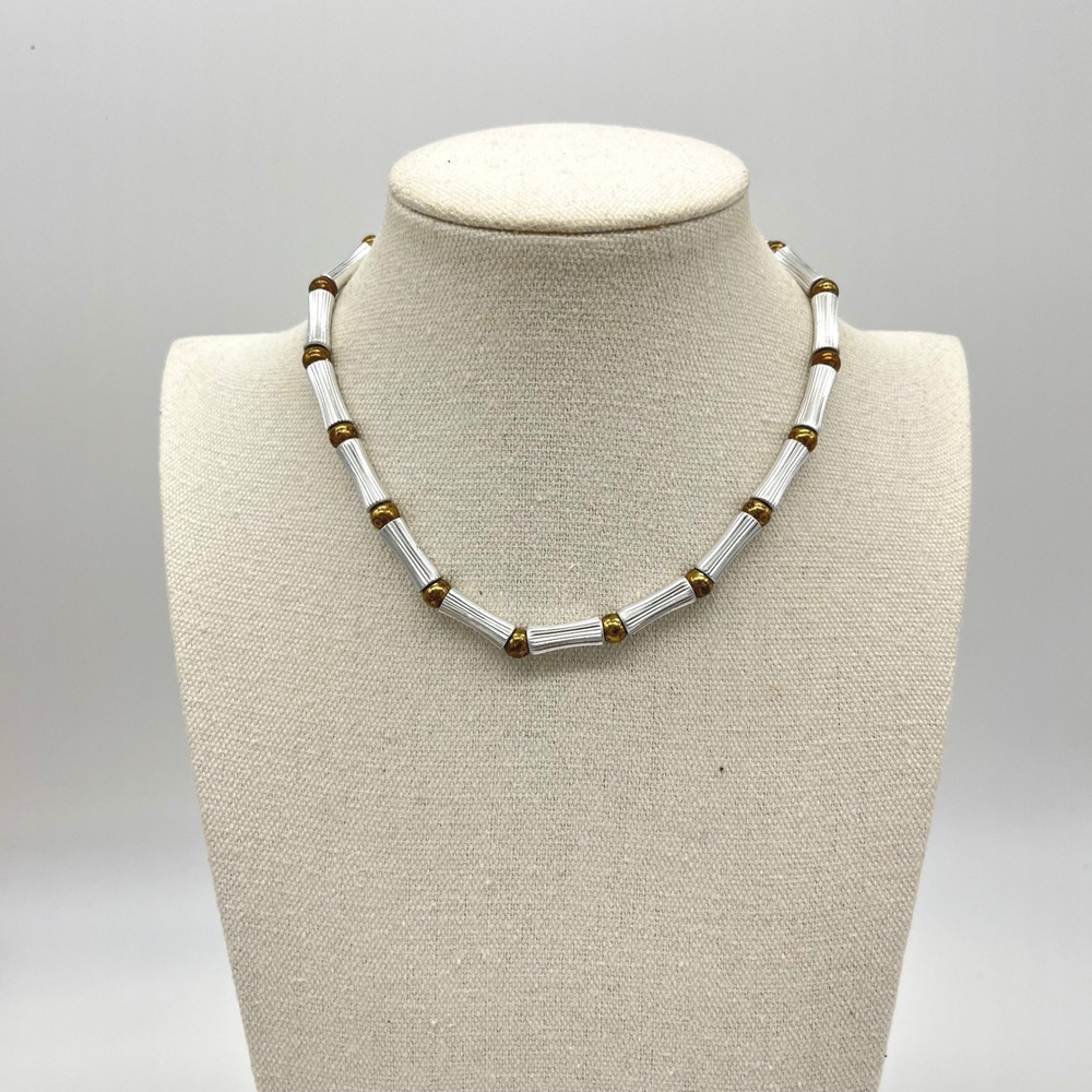 Vintage Silver‎ and Brass Tone Beaded Necklace Elegant Stylish Fashion Jewelry